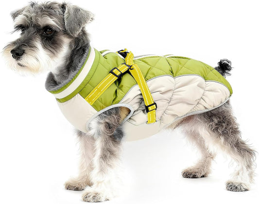 Dog Winter Coat with Harness, Dog Jacket, Pet Clothes with Zipper on Back, Waterproof Windproof Warm Vest, Reflective Cold Weather Coats, for Small Medium Large Dogs, Thick, Green, S