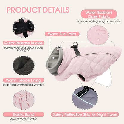 Dog Coat with Harness Built in -Pink,3XL- Fleece Lined Dog Snow Jacket Snowsuit，Adjustable Reflective Winter Warm Cold Weather Coat