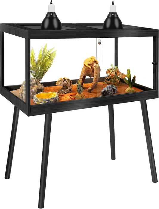 Prolee Tempered Glass Reptile Enclosure with Leg,32“ Scratch-Proof Bearded Dragon Tank,32 Gallon Lizard Tank with Metal Mesh Tops and Lockable Door,Spacious Reptile Habitat for Snake,Tortoises (Black)