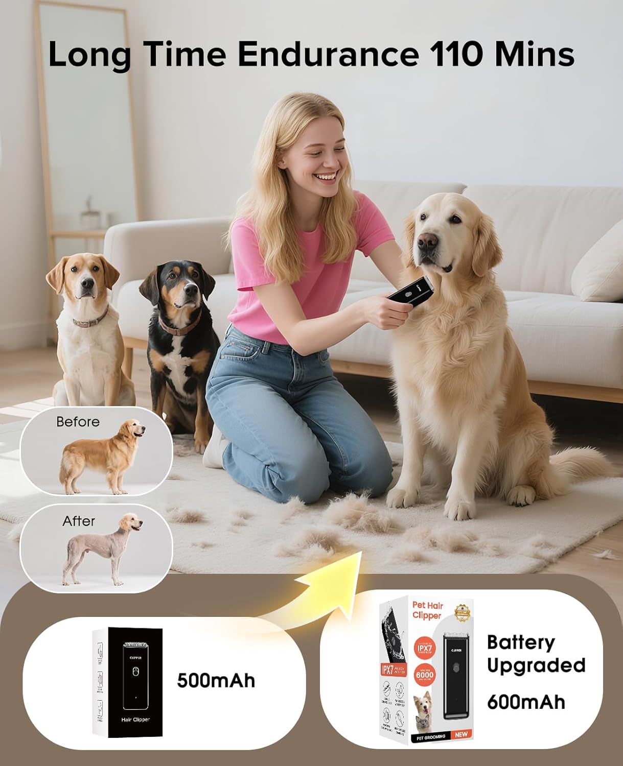 Pet Clippers for Dog Hair Grooming Low Noise, Rechargeable Cordless Cat Shaver with Ceramic Blade,Portable Pet Hair Trimmer for Matted & Long Hair