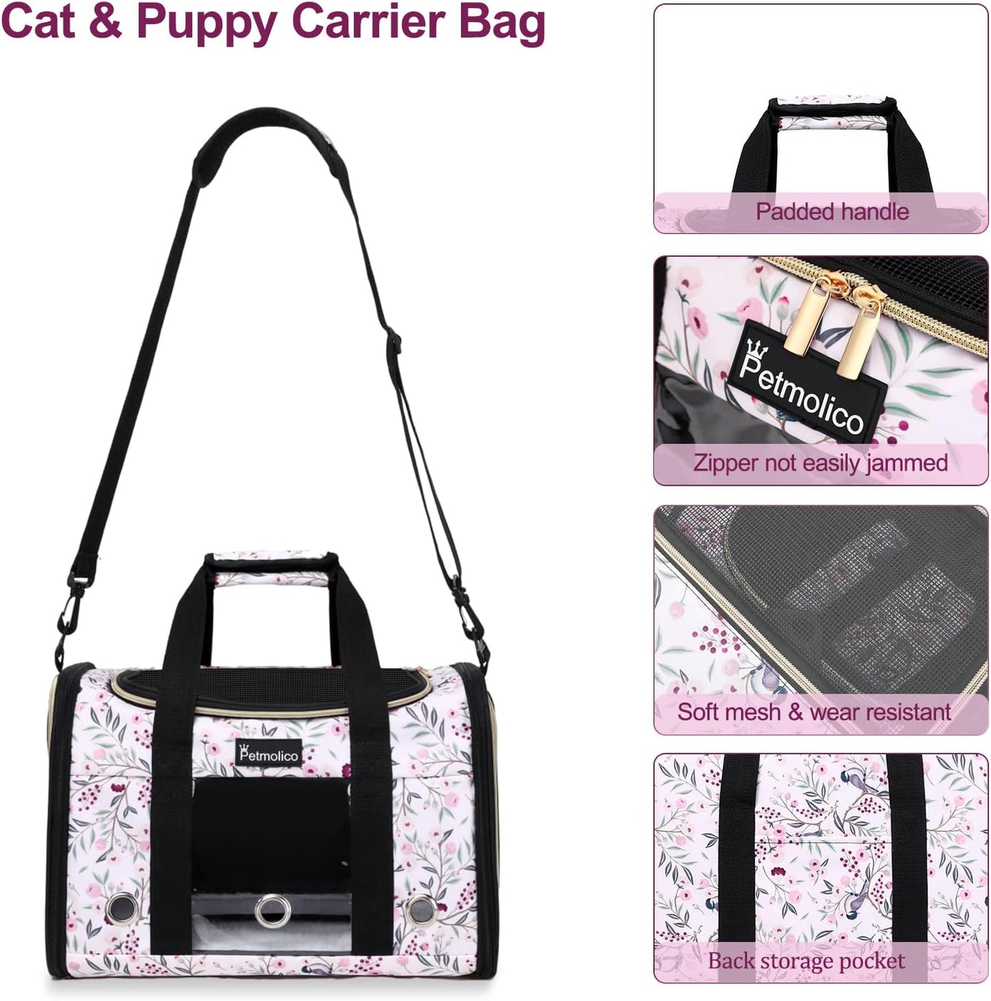 Petmolico Cat Carrier Soft-Sided Pet Bag for Small Medium Cats Puppies 16LBs - Airline Approved Pet Travel Carrier 3 Open Doors (Medium,Mixed Pink)