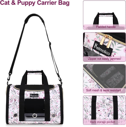 Petmolico Cat Carrier Soft-Sided Pet Bag for Small Medium Cats Puppies 16LBs - Airline Approved Pet Travel Carrier 3 Open Doors (Medium,Mixed Pink)