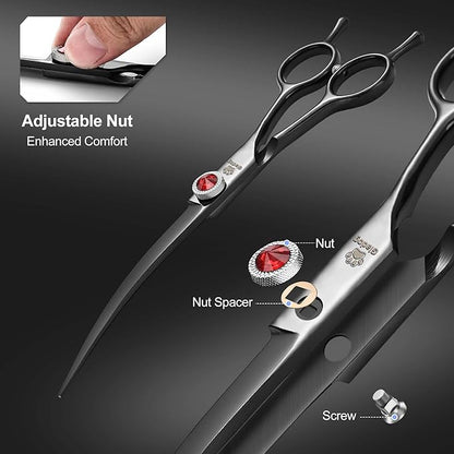GLADOG 7 Inch Professional Dog Grooming Scissors Kit, 5-in-1 Titanium Coated Pet Grooming Shears Set, Heavy Duty Grooming Scissors for Dogs (Pro Black)