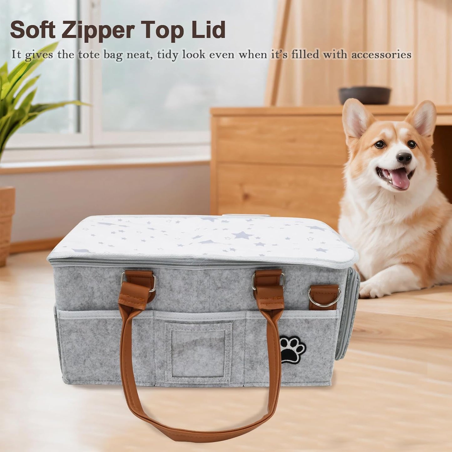 Felt Dog Grooming Bag,Portable Tote Bag for Dog and Cat,Puppy Storage Organizer for Grooming Tool Kit,3 Compartments Pet Stuff Oganizer with 8 Pockets