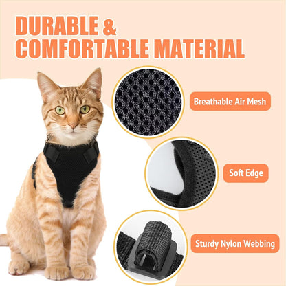 Cat Harness and Leash Set,Escape Proof Adjustable Cat Harness,Soft and Breathable Kitten Harness and Leash with Reflective Strips for Walking and Traveling(Black,S)