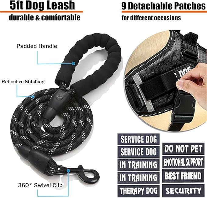 Service Dog Vest, 9 Dog Patches No Pull Dog Harness and Leash Set with Handle,Easy On and Off Pet Vest Harness with Night Safe Reflective Straps for Small Medium Large Breed Dogs