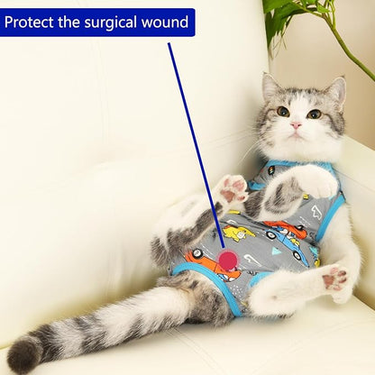 Cat Surgery Recovery Suit Professional for Surgical Abdominal Wound Or Skin Diseases E-Collar Alternative for Cats After Surgery Wear Pajama Suit (Gray, Small)