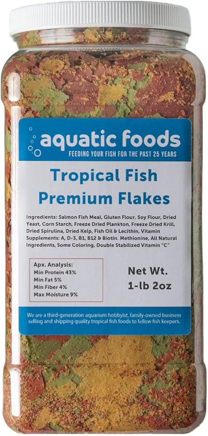 Aquatic Foods Inc. Tropical Fish Premium Flakes for All Community Tropical Fish, Cichlids and Pond Fish. Aquatic Foods Premium Flakes…1-lb 2oz Lg Jar