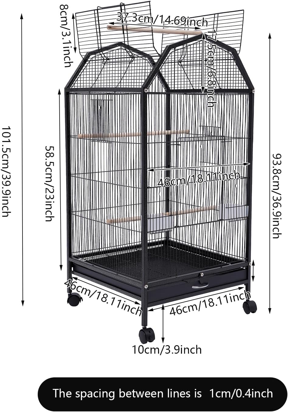 Large Bird Cage, Movable Pet Bird Flight Cages with 5 Doors, Panorama Bird Aviary Indoor with Stand 17.9x17.9x39.9, Fit for a Canary, Finch, Cockatiels, Conures, Parrot, Lovebirds