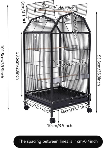 Large Bird Cage, Movable Pet Bird Flight Cages with 5 Doors, Panorama Bird Aviary Indoor with Stand 17.9x17.9x39.9, Fit for a Canary, Finch, Cockatiels, Conures, Parrot, Lovebirds