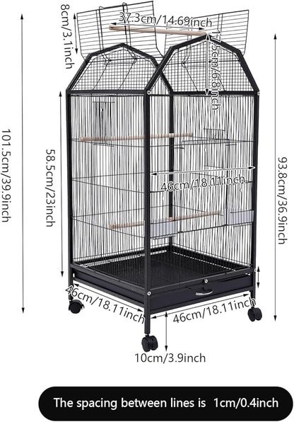 40 Inch Bird Cage with Play Open Top & Lockable Rolling Stand, Medium Birdcage for Parrot Lovebirds Finches Canaries Parakeets Cockatiels Budgie Parrotlet Conures, Black