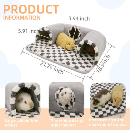 Guinea Pig Hideout Tunnel with Warm Bed for Small Pet 3 Cave Small Animal Tunnel Toy Cages Grey