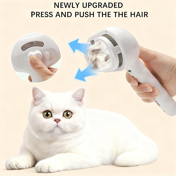 Pet Steam Brush for Cats and Dogs, 3 In 1 Steamy Cat Brush with Release Button and Tank, Anti-Static Pet Spray Hair Removal Comb, Rechargeable Dog Steam Comb for Furry (White)