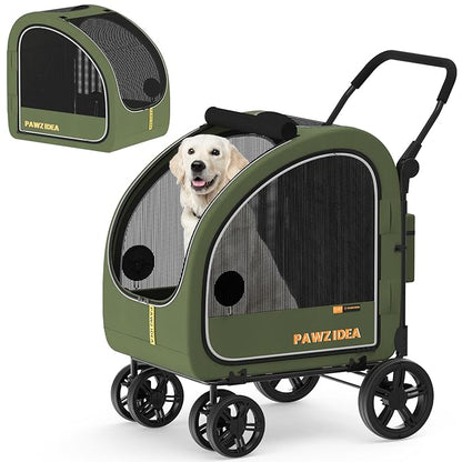 PAWZIDEA Large Dog Stroller with Detachable Carrier, Portable Dog Crate for Car Travel, Multiple Pet Strollers for Medium Dogs up to 80lbs, Adjustable Handle, All-Terrain 9” Wheels, Storage Organizer