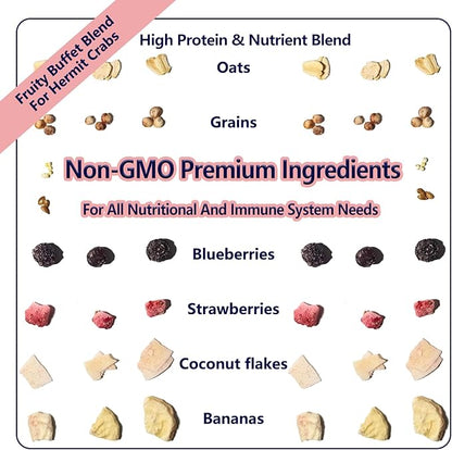 Fruity Buffet Blend Diet, 7.4 oz Food for Hermit Crab, All Natural Hermit Crab Food, High Protein & Nutrient Blend Diet of Oats, Blueberries, Strawberry, Banana Mix for Hermit Crabs.