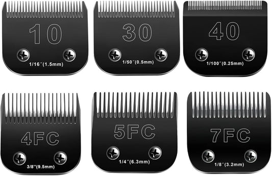 10 Blades Dog Grooming Blades Compatible with Andis/Oster A5/Wahl KM-10 Series Dog Clippers,Detachable Clipper Replacement Blade (6PCS Black-#10+30+40+4FC+5FC+7FC)