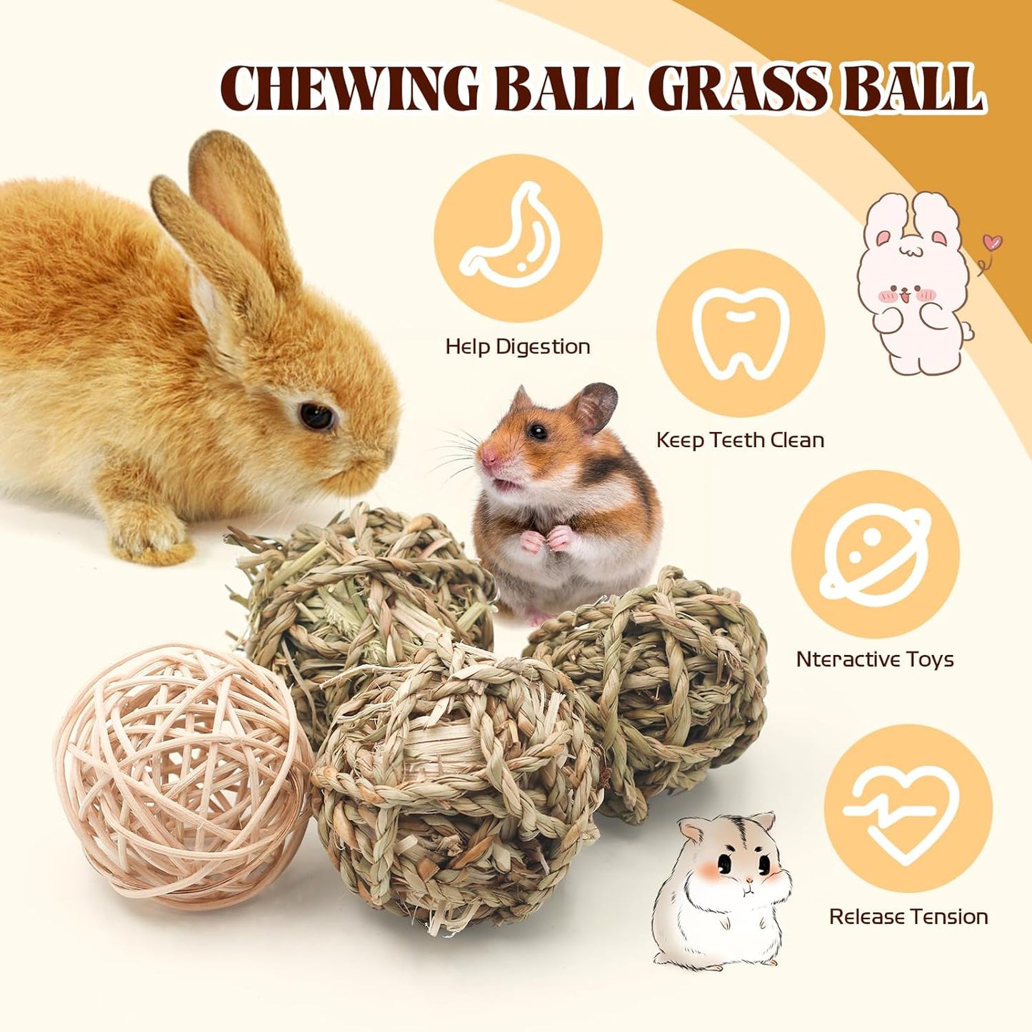 17 Pcs Bunny Chew Grass Balls, Hangable Natural Handmade Enrichment Toys for Teeth Grinding, Enrichment Treats for Rodents Rabbits Guinea Pigs Chinchillas Hamsters Mice, Rolling Chew Toys (2.4")