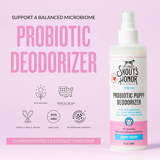 SKOUT'S HONOR Probiotic Deodorizer Spray for Pets- Hydrating Daily-Use with Avocado Oil & Omega-3s, Microbiome Friendly Certiified, Paraben & Sulfate-Free, 97% Natural, 8oz, Happy Puppy