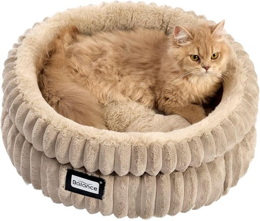 BALANCE Cat Bed Kitten Bed, Washable Round Cat Beds for Indoor Cats,Super Soft Plush Faux Fur Pet Bed for Puppy and Kitten with Anti-Slip Bottom