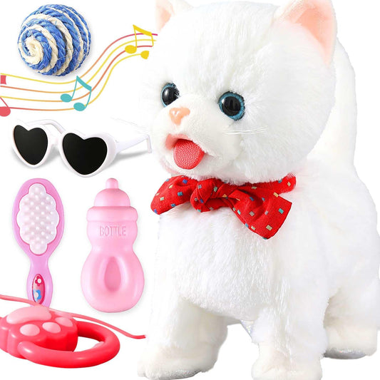 White Leash Walking Cat Set Toy Interactive Talking Cat Singing Dancing Kitten Mimicking Repeat What You Say Kitty Touch and Voice Control Nodding Wagging Tail Plush Electric Robot for Kid Girl