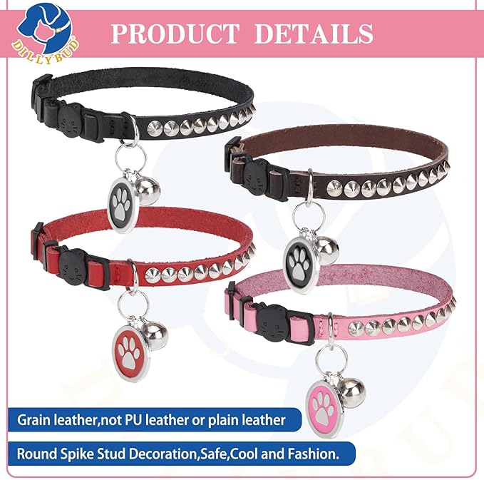 Leather Personalized Breakaway Cat Collar with Studded Bell and Safety Quick Release Buckle - Rivets Studded ID DIY Collars for Boy Girl Cats Kittens, 9" - 11.5" Pink