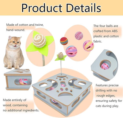 Interactive Wooden Cat Puzzle Toy Box Indoor Hunting Play Toy to Stimulate Your Cat’s Energy and Instincts (Blue)