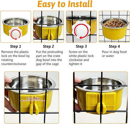 Hamiledyi Crate Dog Bowl Cat - Removable Stainless Steel Hanging No Spill Pet Bowl for Kennels Durable Detachable Design Fits Small Medium Dog Cages (2 Pcs, Yellow