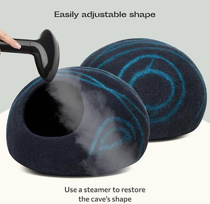 MEOWFIA Cat Cave – Premium Felt Cat Bed for Indoor Cats, Handmade 100% Merino Wool (Medium, Black Aqua)