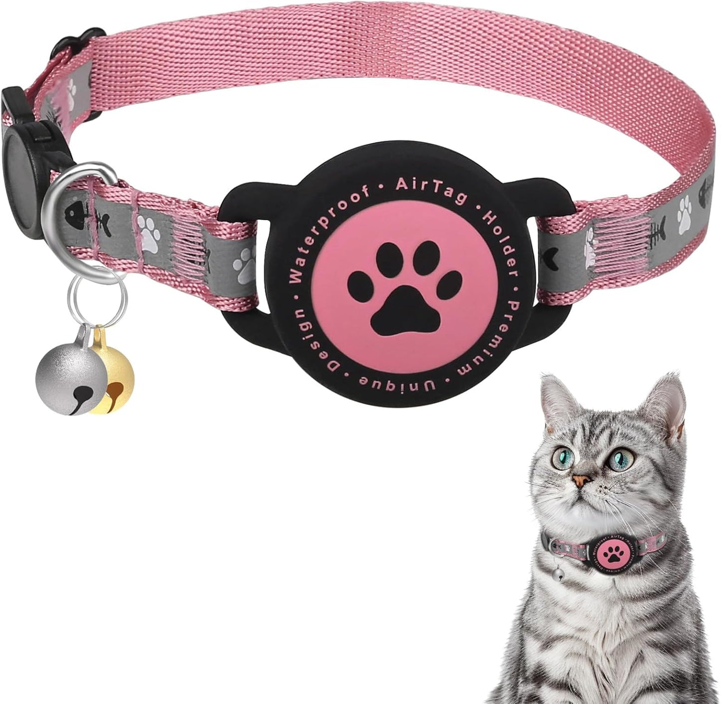 Waterproof Airtag Cat Collar, Reflective With Bell, Breakaway Holder, Lightweight for Apple Air Tag, GPS Collars for Girl Boy Cats, Kitten (Pink)