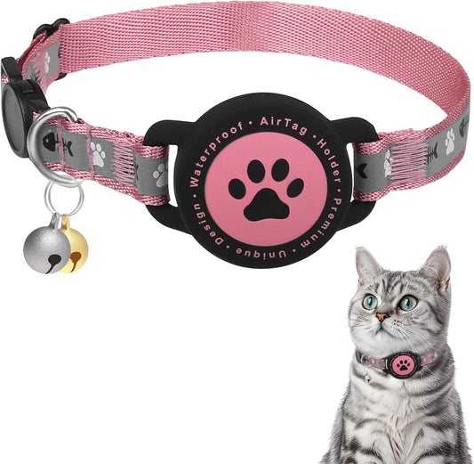 Waterproof Airtag Cat Collar, Reflective With Bell, Breakaway Holder, Lightweight for Apple Air Tag, GPS Collars for Girl Boy Cats, Kitten (Pink)