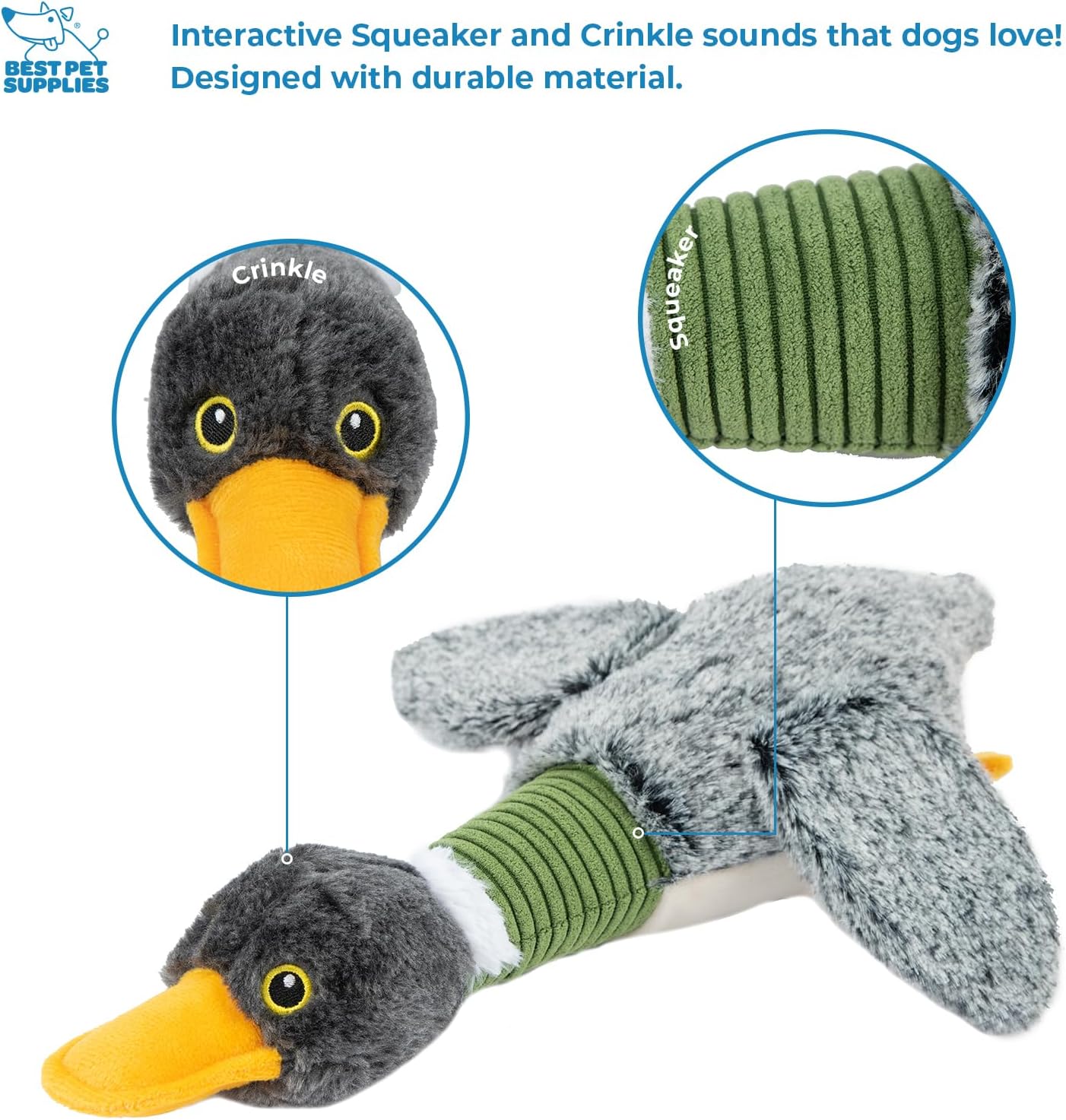 Best Pet Supplies Interactive Squeaky Dog Chew Toy, Ideal Dog Toys for Chewers, Small, Medium & Large Dogs, and Fetch Lovers - Mallard Duck Wing (Gray), Small