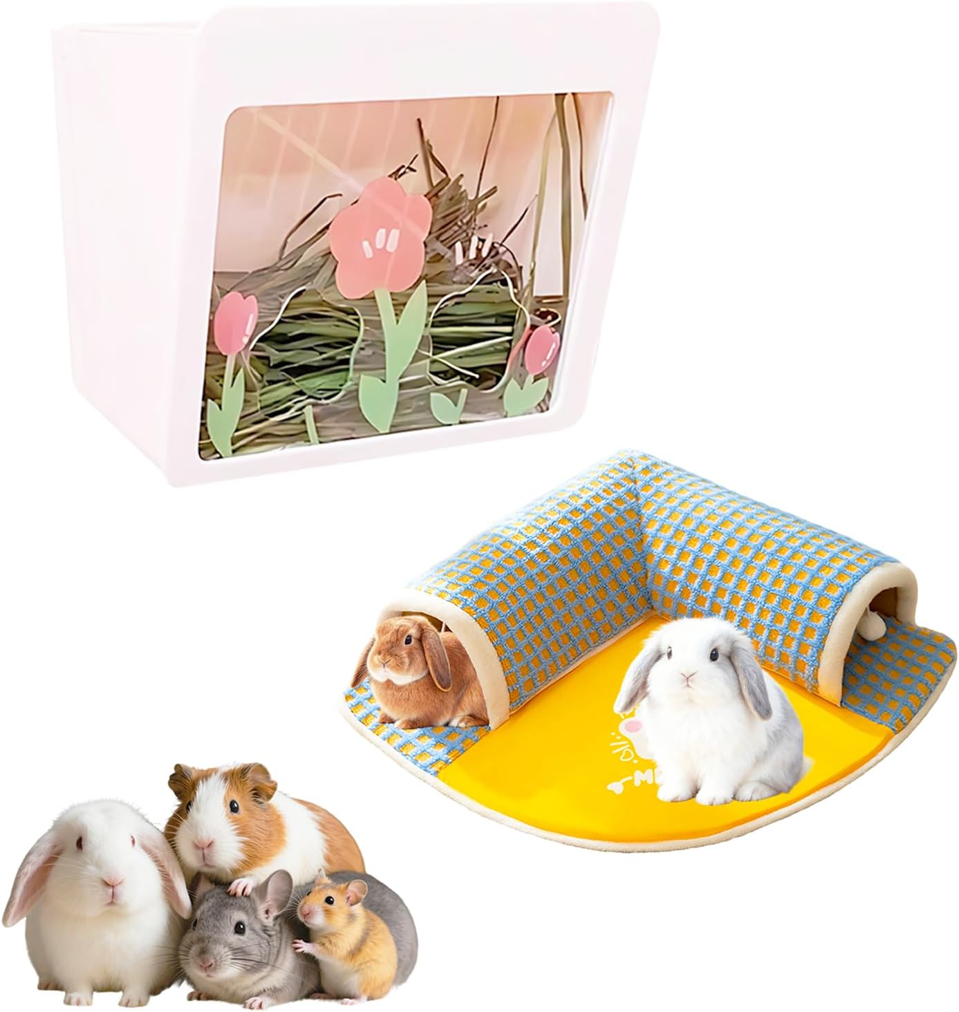 Hanging Rabbit Hay Feeder with Lid - No Waste Slow Feed Hay Rack for Rabbits, Guinea Pigs & Small Pets - Sturdy White Design, Easy to Fill & Clean, Cage Mounted Bunny Hay Holder (Set)