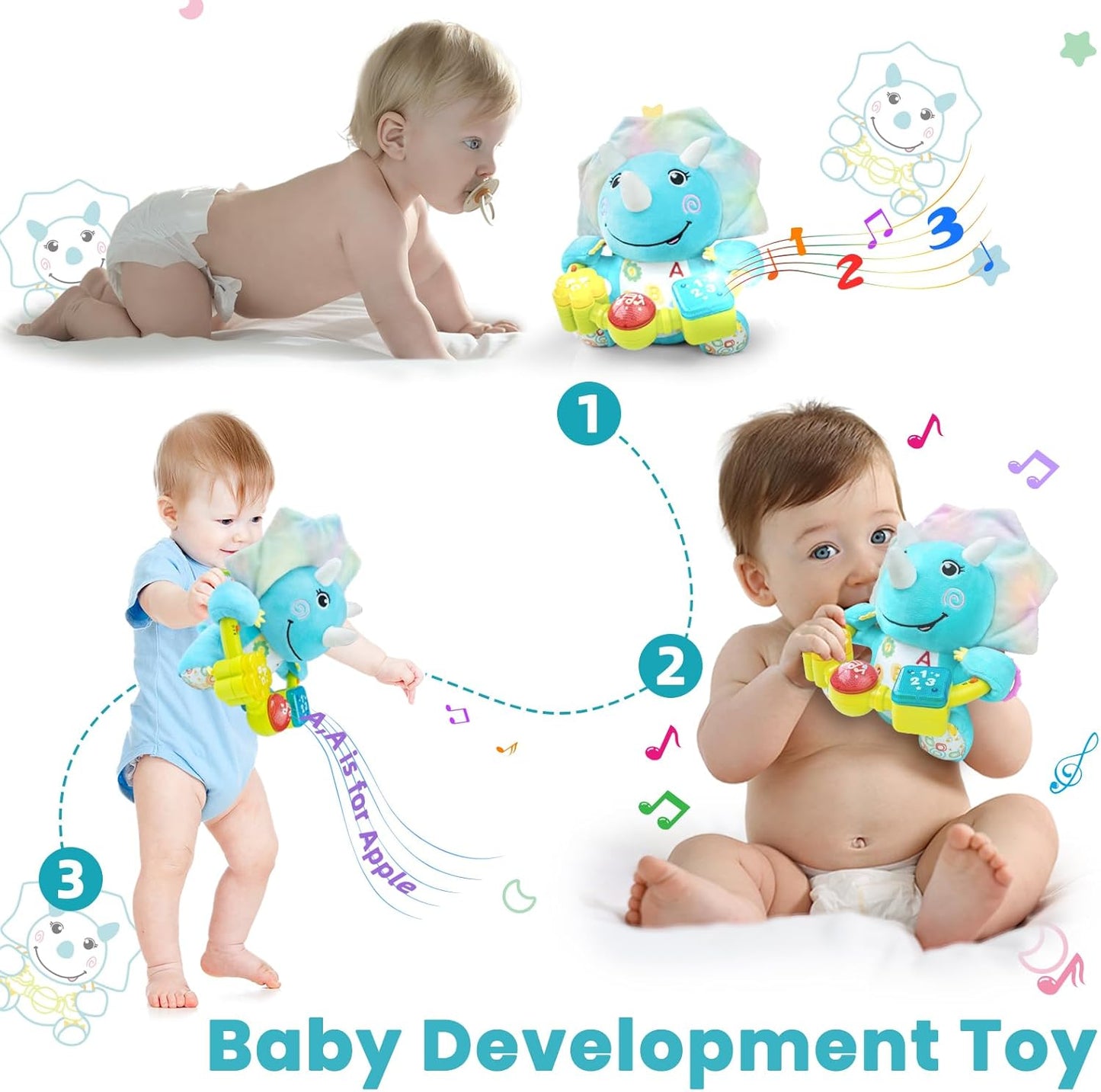 Baby Dino Musical Stuffed Animals Toy with Light-Up Music & Crinkle Sound Paper,Infant Bilingual Early Learning Education Toys,Tummy Time Toys for 0-3-6-12+ Months Boy Girl