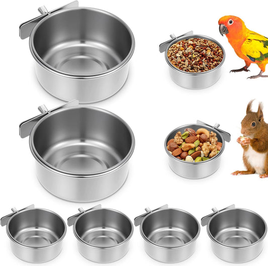 8 Pcs Stainless Steel Bird Food Water Bowls with Clamp Holders, Parrot Feeding Dish Cups for Cage, Cockatiel Conure Budgie Parakeet Macaw Lovebird Small Animal