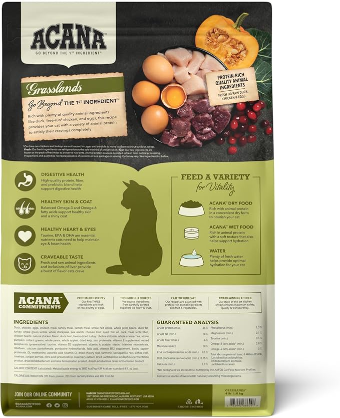 ACANA Grain-free Dry Cat Food Grasslands Chicken Duck Turkey Fish and Quail 4lb Bag