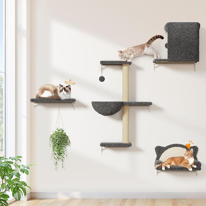Cat Wall Shelves 5-in-1 Modern Climbing Wall Furniture Set for Cats with Scratching Posts, Cat Bed & Sofa, Space-Saving Perch for 16" Drywall, Gray