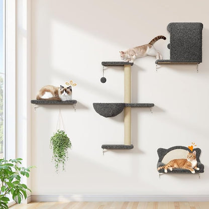 Cat Wall Shelves 5-in-1 Modern Climbing Wall Furniture Set for Cats with Scratching Posts, Cat Bed & Sofa, Space-Saving Perch for 16" Drywall, Gray