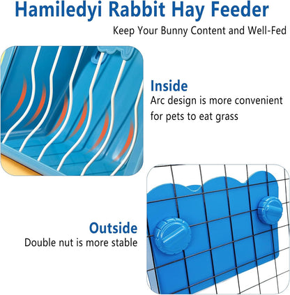 Hamiledyi Rabbit Hay Feeder 500ml Hanging Gravity Water Dispenser Guinea Pig Grass Rack Water Bottle Set for Bunny Ferret Chinchilla(Blue)