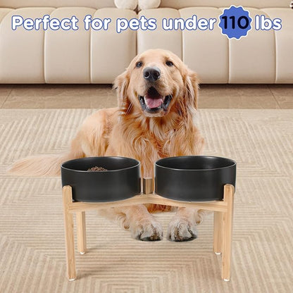 SPUNKYJUNKY Elevated Dog Bowls Ceramic, 8.3'' Dogs Food Water Bowls Raised with Non-Slip Bamboo Stand for Large Sized Breed Microwave Dishwasher Safe - 60 OZ,Black