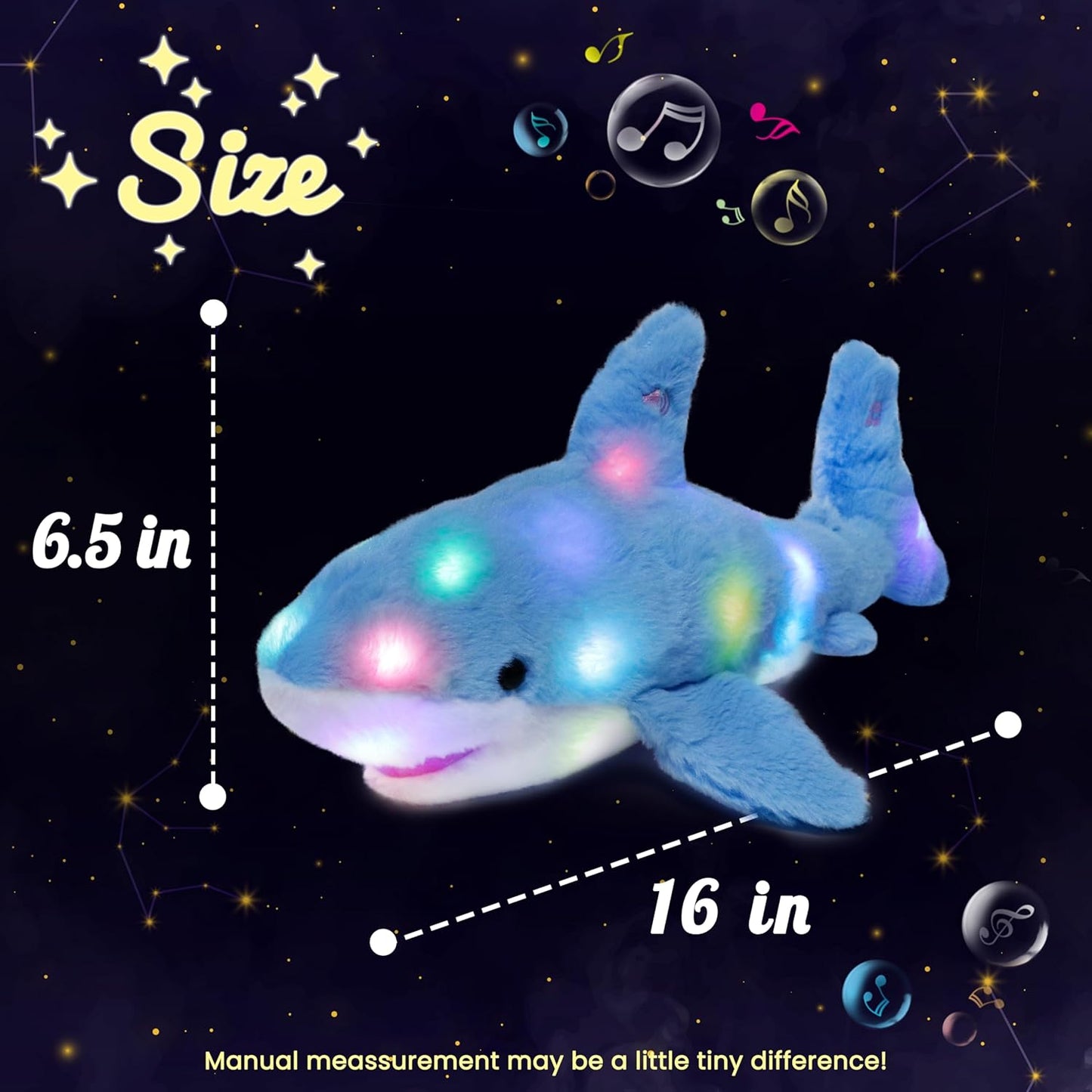 Hopearl LED Musical Stuffed Shark Lighting Up Singing Plush Toy Adjustable Volume Lullaby Animated Soothe Birthday Festival for Kids Toddler Girls, Blue, 16''