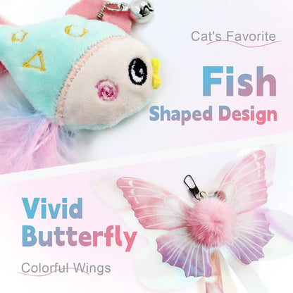 SONGWAY Cat Wand Toys for Indoor Cats - Cat Toy Set with Retractable Teaser Wand and 6 PCS Fairy Feather Toy Refills, Butterfly Tassel Plush Cat Toys Interactive, Pink