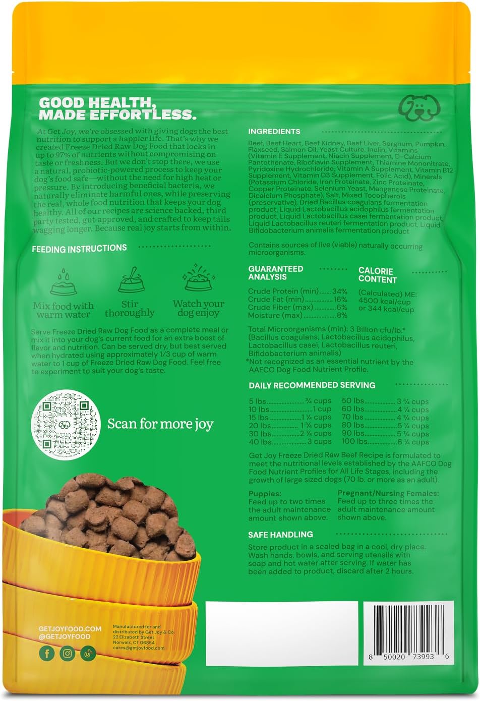 Get Joy Freeze Dried Raw Beef Dog Food, High Protein Grain Free Meal, Topper & Treat, Gut Health Support with Probiotics, Small to Large Breed, 32oz Bag