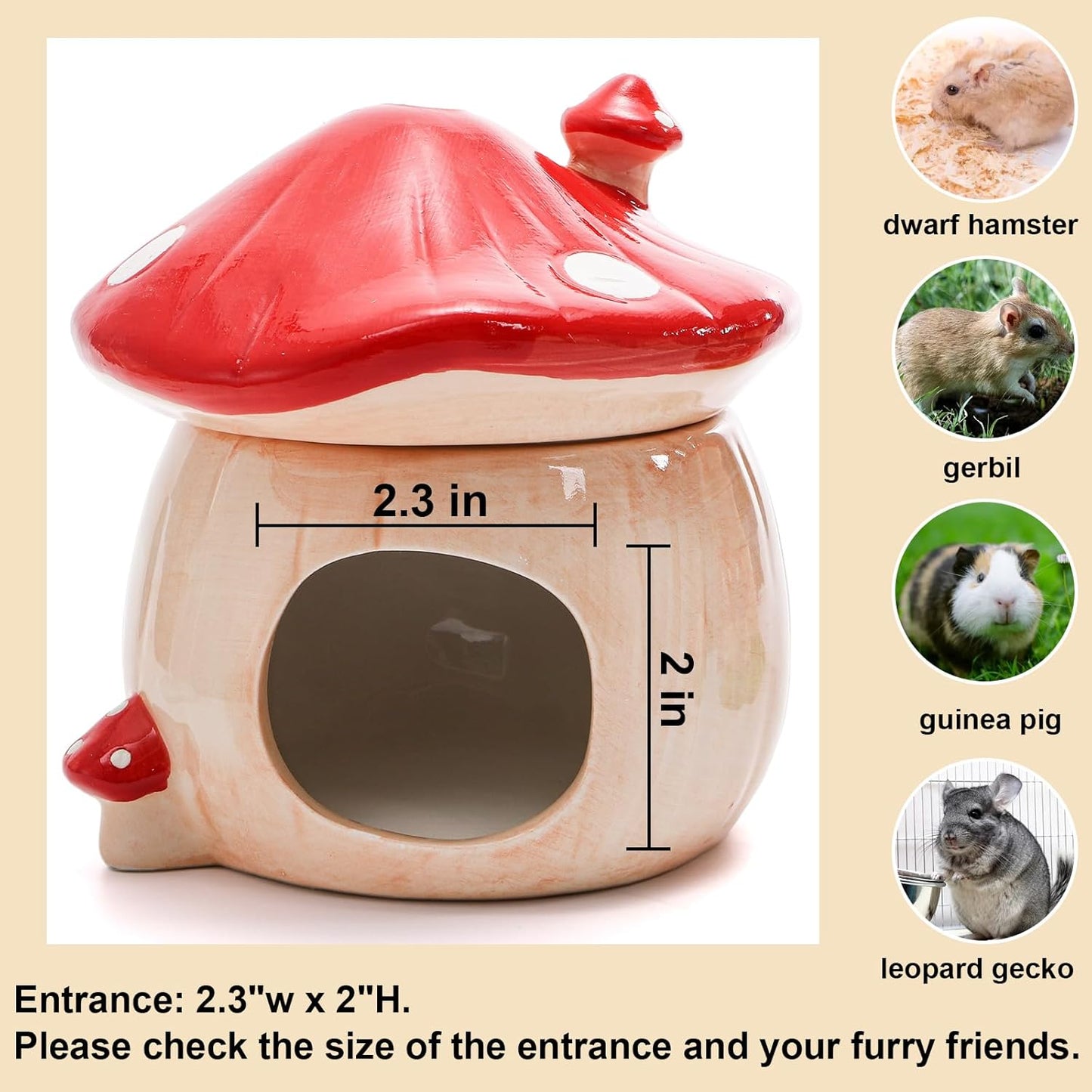Hacaroa 3 Pack Ceramic Hamster Hideout, Mushroom Shape Guinea Pig Food Bowl Cute Water Bottle with Stand, Cool Hamster Bed House Small Animal Cage Accessories for Dwarf Hamsters, Mice, Gerbils
