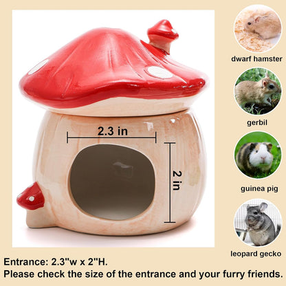 Hacaroa 3 Pack Ceramic Hamster Hideout, Mushroom Shape Guinea Pig Food Bowl Cute Water Bottle with Stand, Cool Hamster Bed House Small Animal Cage Accessories for Dwarf Hamsters, Mice, Gerbils