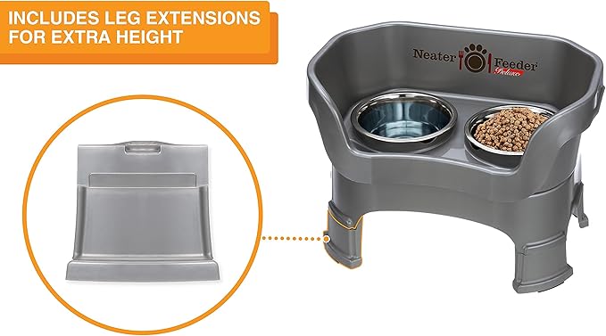 Neater Feeder Deluxe Mess Proof Dog Bowls Elevated Medium Sized Dogs (19-40 lbs) Made in USA, No Spill Raised Dog Food Bowl Stand w/Leg Extension, Stainless Steel Food and Water Bowl Set, Grey
