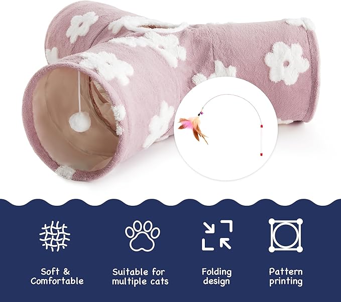 Tempcore Flannel Pet Cat Tunnel Tube Cat Toys 3 Way Collapsible, Cat Tunnels for Indoor Cats, Kitty Tunnel Bored Pet Toys Peek Hole Toy Ball Puppy, Kitty, Kitten, Rabbit Daisy Burlwood