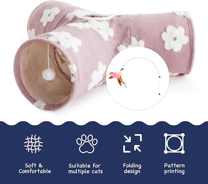Tempcore Flannel Pet Cat Tunnel Tube Cat Toys 3 Way Collapsible, Cat Tunnels for Indoor Cats, Kitty Tunnel Bored Pet Toys Peek Hole Toy Ball Puppy, Kitty, Kitten, Rabbit Daisy Burlwood