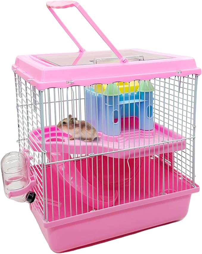Tfwadmx Hamster Carrier, Dwarf Hamster Travel Cage, Portable Cages with Water Bottle, Gerbil Travel Carry Case Outdoor Vacation House for Small Mice(Pink,10.6”x8”x11.4”)