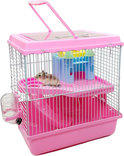 Tfwadmx Hamster Carrier, Dwarf Hamster Travel Cage, Portable Cages with Water Bottle, Gerbil Travel Carry Case Outdoor Vacation House for Small Mice(Pink,10.6”x8”x11.4”)