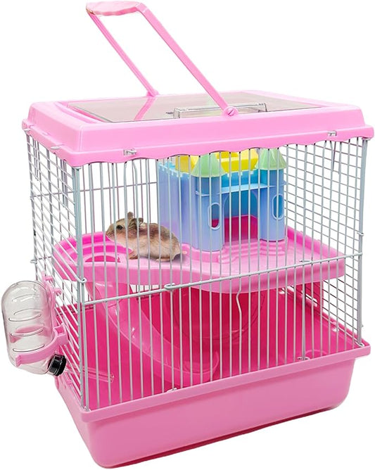 Tfwadmx Hamster Carrier, Dwarf Hamster Travel Cage, Portable Cages with Water Bottle, Gerbil Travel Carry Case Outdoor Vacation House for Small Mice(Pink,10.6”x8”x11.4”)